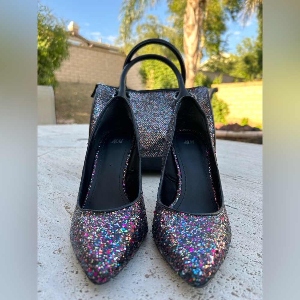 BLACK GLITTER HEELS PUMPS Black Multicolored Sparkly Glitter - Picture 4 of 12